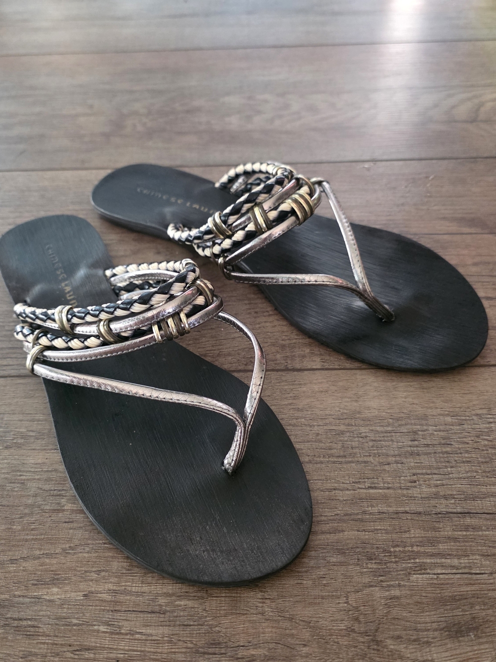 Chinese Laundry Braided Metallic Thong Sandals - Black/Gold/Silver